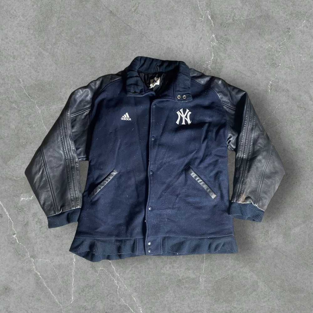 VTG New York Yankees Varsity Jacket Men XL Blue Leather‎ Wool Letterman Adidas